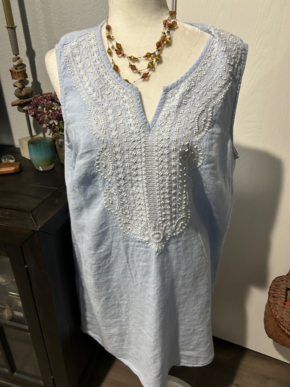 J. Jill Light Blue Sleeveless Embroidered Linen Tunic